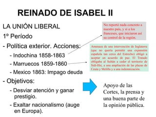 REINADO DE ISABEL II
LA UNIÓN LIBERAL
1º Período
- Política exterior. Acciones:
- Indochina 1858-1863
- Marruecos 1859-1860
- Mexico 1863: Impago deuda
- Objetivos:
- Desviar atención y ganar
prestigio.
- Exaltar nacionalismo (auge
en Europa).
Apoyo de las
Cortes, la prensa y
una buena parte de
la opinión pública.
No reportó nada concreto a
nuestro país, y sí a los
franceses, que iniciaron así
su control de la región.
Amenaza de una intervención de Inglaterra
(que no quería permitir una expansión
española tan cerca del Estrecho) obligó a
aceptar un acuerdo de paz. El Tratado
obligaba al Sultán a ceder el territorio de
Sidi-Ifni, a una ampliación de las plazas de
Ceuta y Melilla y a una indemnización.
 