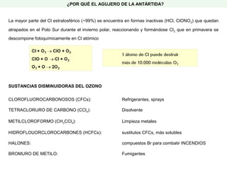 La mayor parte del Cl estratosférico (~99%) se encuentra en formas inactivas (HCl, ClONO2) que quedan
atrapados en el Polo Sur durante el invierno polar, reaccionando y formándose Cl2 que en primavera se
descompone fotoquímicamente en Cl atómico
¿POR QUÉ EL AGUJERO DE LA ANTÁRTIDA?
SUSTANCIAS DISMINUIDORAS DEL OZONO
CLOROFLUOROCARBONOSOS (CFCs): Refrigerantes, sprays
TETRACLORURO DE CARBONO (CCl4): Disolvente
METILCLOROFORMO (CH3CCl3): Limpieza metales
HIDROFLOUORCLOROCARBONES (HCFCs): sustitutos CFCs, más solubles
HALONES: compuestos Br para combatir INCENDIOS
BROMURO DE METILO: Fumigantes
 