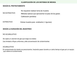 No requieren realizar toma de muestra
Métodos ópticos que aprovechan el paso de los gases
Calibración periódica
CLASIFICACIÓN DE LOS SISTEMAS DE MEDIDA
Extrae muestra para analizarla (+ riguroso)
SEGÚN EL PRETRATAMIENTO
NO EXTRACTIVO
EXTRACTIVO
SEGÚN LA DURACIÓN DEL MUESTREO
NO ACUMULATIVO
Se capta un volumen de gas que luego se analiza
Uso limitado a flujos uniformes y alta concentración de contaminantes
ACUMULATIVO
El contaminante de interés se preconcentra, haciendo pasar durante un cierto tiempo el gas por un equipo
que retiene el contaminante
 