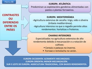 CONTRASTES
OU
DIFERENZAS
ENTRE OS
PAÍSES
EUROPA ATLÁNTICA
Predominan as explotacións gandeiras alimentadas con
pastos e plantas forraxeiras.
EUROPA MEDITERRÁNEA
-Agricultura extensiva de secaño: trigo, vide e oliveira
(triloxía mediterránea).
-Agicultura intensiva na que o regadío permite altos
rendementos: hortalizas e froiteiras.
CHAIRAS INTERIORES
Especializadas na agricultura extensiva de alto
rendemento debido á mecanzación e a rotación de
cultivos:
 Cereais e patacas no inverno.
 Forraxe e remolacha no verán.
EUROPA OCCIDENTA: ALTAMENTE MECANIZADO.
EUROPA ORIENTAL MENOR MECANIZACIÓN.
SUR E LESTE DE EUROPA: AGRICULTURA TRADICIONAL, CON BAIXOS RENDEMENTOS.
Páxina 88
 