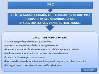 OBXECTIVOSACTUAISDA PAC:
-Garantir a seguridade alimentaria para Europa.
- Aumentar a competitividade do sector agropecuario.
- Grarantir a produción dealimentos sans ede calidadea prezosaccesibles.
- Mellorar as condicións sanitarias dos animais eo seu benestar.
-Producir de forma respectuosa comedio.
- Procurar o benestar da sociedade rural asegurando ingresos razoables e estables.
- Conseguir unha economía rural sustentable e dinámica.
PAC
POLÍTICA AGRARIA COMÚN QUE COMPARTEN DENDE 1962
TODOS OS PAÍSES MEMBROS DA UE.
OS SEUS OBXECTIVOS VANSE ACTUALIZANDO.
Páxina 89
 