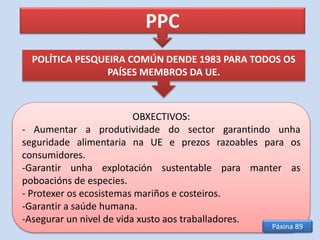 OBXECTIVOS:
- Aumentar a produtividade do sector garantindo unha
seguridade alimentaria na UE e prezos razoables para os
consumidores.
-Garantir unha explotación sustentable para manter as
poboacións de especies.
- Protexer os ecosistemas mariños e costeiros.
-Garantir a saúde humana.
-Asegurar un nivel de vida xusto aos traballadores.
PPC
POLÍTICA PESQUEIRA COMÚN DENDE 1983 PARA TODOS OS
PAÍSES MEMBROS DA UE.
Páxina 89
 