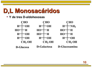 10
D,L MonosacáridosD,L Monosacáridos
• Y de tres D-aldohexosas
CHO
CH2 OH
OHH
HHO
OHH
OHH
D-GlucosaminaD-Glucosa D-Galactosa
CHO
CH2 OH
OHH
HHO
HHO
OHH
CHO
CH2 OH
NH2H
HHO
HHO
OHH
 