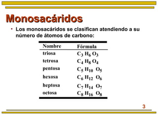 3
MonosacáridosMonosacáridos
• Los monosacáridos se clasifican atendiendo a su
número de átomos de carbono:
hexosa
heptosa
octosa
triosa
tetrosa
pentosa
FórmulaNombre
C3 H6 O3
C4 H8 O4
C5 H10 O5
C6 H12 O6
C7 H14 O7
C8 H16 O8
 