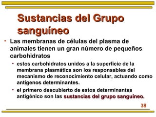 38
Sustancias del GrupoSustancias del Grupo
sanguíneosanguíneo
• Las membranas de células del plasma de
animales tienen un gran número de pequeños
carbohidratos
• estos carbohidratos unidos a la superficie de la
membrana plasmática son los responsables del
mecanismo de reconocimiento celular, actuando como
antígenos determinantes.antígenos determinantes.
• el primero descubierto de estos determinantes
antigénico son las sustancias del grupo sanguíneo.sustancias del grupo sanguíneo.
 