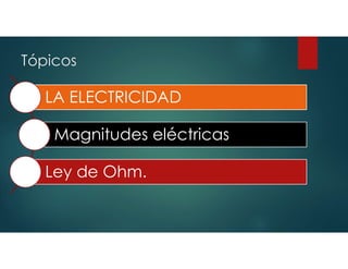 Tópicos
LA ELECTRICIDAD
Magnitudes eléctricas
Ley de Ohm.
 