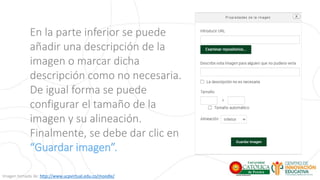 En la parte inferior se puede
añadir una descripción de la
imagen o marcar dicha
descripción como no necesaria.
De igual forma se puede
configurar el tamaño de la
imagen y su alineación.
Finalmente, se debe dar clic en
“Guardar imagen”.
Imagen tomada de: http://www.ucpvirtual.edu.co/moodle/
 