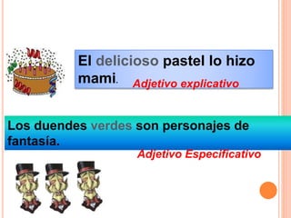El delicioso pastel lo hizo
mami.
Los duendes verdes son personajes de
fantasía.
Adjetivo explicativo
Adjetivo Especificativo
 