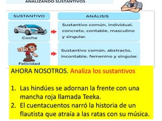 AHORA NOSOTROS. Analiza los sustantivos
1. Las hindúes se adornan la frente con una
mancha roja llamada Teeka.
2. El cuentacuentos narró la historia de un
flautista que atraía a las ratas con su música.
 