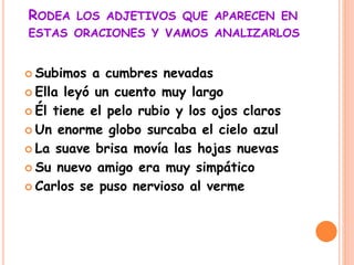RODEA LOS ADJETIVOS QUE APARECEN EN
ESTAS ORACIONES Y VAMOS ANALIZARLOS
 Subimos a cumbres nevadas
 Ella leyó un cuento muy largo
 Él tiene el pelo rubio y los ojos claros
 Un enorme globo surcaba el cielo azul
 La suave brisa movía las hojas nuevas
 Su nuevo amigo era muy simpático
 Carlos se puso nervioso al verme
 