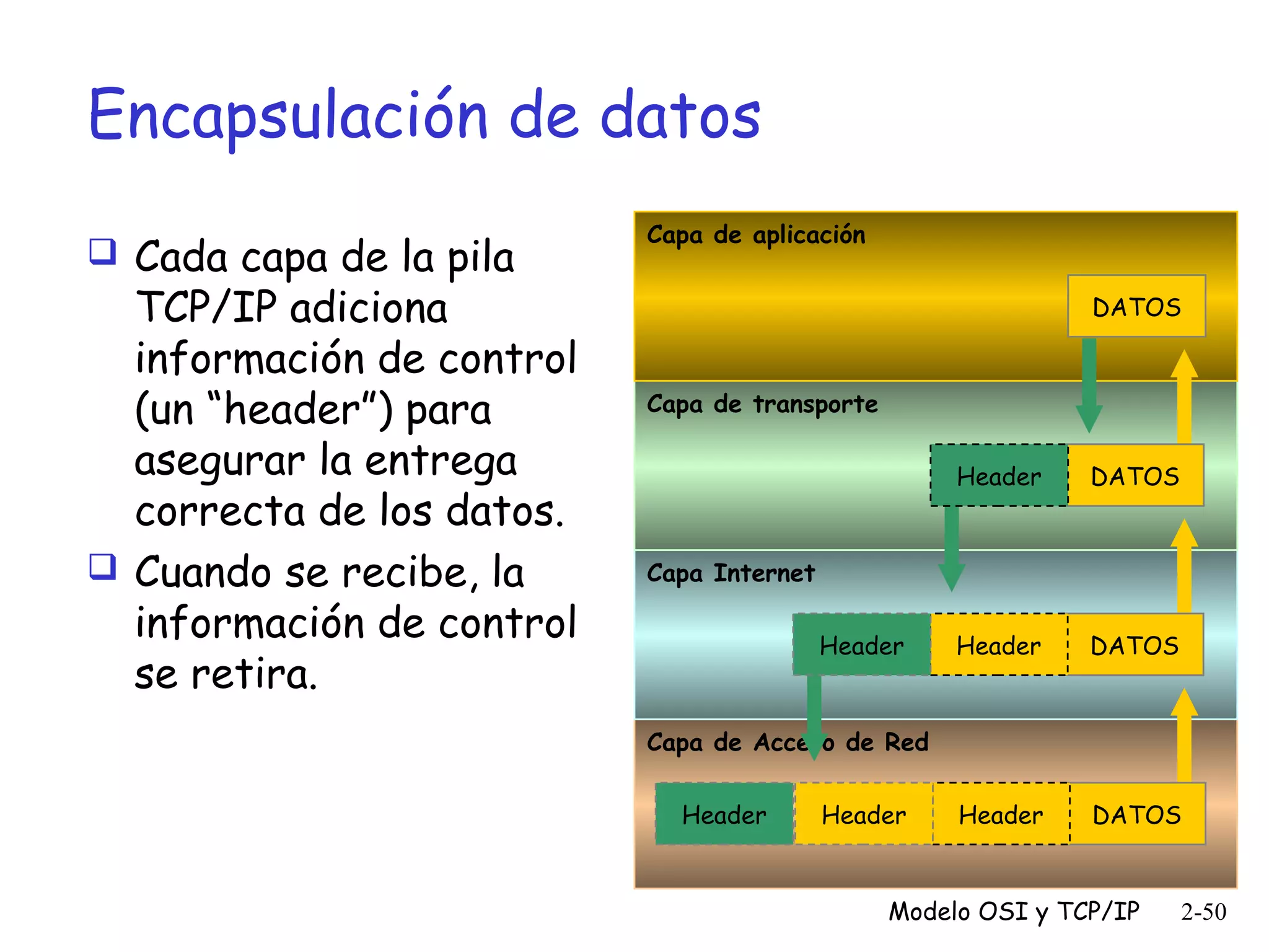 Encapsulación de datos
 Cada capa de la pila

TCP/IP adiciona
información de control
(un “header”) para
asegurar la entrega
correcta de los datos.
 Cuando se recibe, la
información de control
se retira.

Capa de aplicación
DATOS

Capa de transporte
Header

DATOS

Header

DATOS

Header

DATOS

Capa Internet
Header

Capa de Acceso de Red
Header

Header

Modelo OSI y TCP/IP

2-50

 