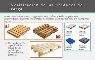 V e r i f i c a c i ó n d e l a s u n i d a d e s d e
c a r g a
Antes de manipular una carga, comprueba el estado de las paletas o
contenedores, así como los amarres necesarios de la misma para un transporte
seguro.
 Recuerda que la
capacidad de
carga de un
pallet tipo
europea es de
1000 Kg.
 