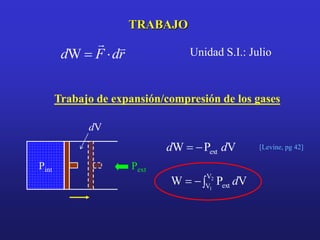 TRABAJO
r
d
F
d




W Unidad S.I.: Julio
Trabajo de expansión/compresión de los gases
Pint Pext
dV
V
P
W ext d
d 
 [Levine, pg 42]


 2
1
V
V ext V
P
W d
 
