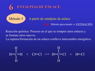 ENTALPÍAS DE ENLACE.
6
Método 5 A partir de entalpías de enlace
¡Ojo! Método aproximado  ESTIMACIÓN
Reacción química: Proceso en el que se rompen unos enlaces y
se forman otros nuevos.
La ruptura/formación de un enlace conlleva intercambio energético.
H C H + Cl Cl H C Cl + H Cl
H
H
H
H
 