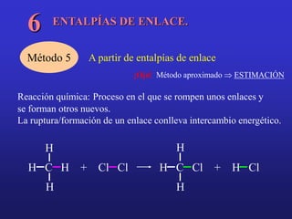 ENTALPÍAS DE ENLACE.
6
Método 5 A partir de entalpías de enlace
¡Ojo! Método aproximado  ESTIMACIÓN
Reacción química: Proceso en el que se rompen unos enlaces y
se forman otros nuevos.
La ruptura/formación de un enlace conlleva intercambio energético.
H C H + Cl Cl H C Cl + H Cl
H
H
H
H
 