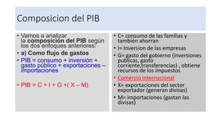 Composicion del PIB
• Vamos a analizar
la composición del PIB según
los dos enfoques anteriores:
• a) Como flujo de gastos
• PIB = consumo + inversión +
gasto público + exportaciones –
importaciones
• PIB = C + I + G +( X – M)
• C= consumo de las familias y
también ahorran
• I= Inversion de las empresas
• G= gasto del gobierno (inversiones
publicas, gasto
corriente,transferencias) , obtiene
recursos de los impuestos
• Comercio internacional
• X= exportaciones del sector
exportador (generan divisas)
• M= importaciones (gastan las
divisas)
 