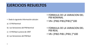 EJERCICIOS RESUELTOS
• Dada la siguiente información calcular:
a) El PIB Nominal
b) Las Variaciones del PIB Nominal
c) El PIB Real a precio de 1997
d) Las Variaciones del PIB Real
•
• FORMULA DE LA VARIACION DEL
PIB NOMINAL
• VN= (PIB2-PIB1/PIB1)*100
• FORMULA DE LA VARIACION DEL
PIB REAL
• VR= (PIB2-PIB1 /PIB1 )*100
 