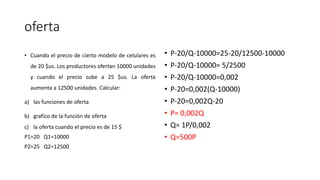 oferta
• Cuando el precio de cierto modelo de celulares es
de 20 $us. Los productores ofertan 10000 unidades
y cuando el precio sube a 25 $us. La oferta
aumenta a 12500 unidades. Calcular:
a) las funciones de oferta
b) grafico de la función de oferta
c) la oferta cuando el precio es de 15 $
P1=20 Q1=10000
P2=25 Q2=12500
• P-20/Q-10000=25-20/12500-10000
• P-20/Q-10000= 5/2500
• P-20/Q-10000=0,002
• P-20=0,002(Q-10000)
• P-20=0,002Q-20
• P= 0,002Q
• Q= 1P/0,002
• Q=500P
 
