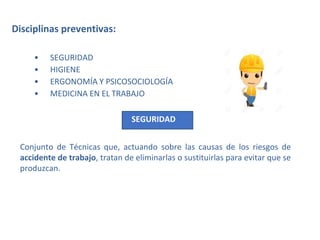 Disciplinas preventivas:
• SEGURIDAD
• HIGIENE
• ERGONOMÍA Y PSICOSOCIOLOGÍA
• MEDICINA EN EL TRABAJO
SEGURIDAD
Conjunto de Técnicas que, actuando sobre las causas de los riesgos de
accidente de trabajo, tratan de eliminarlas o sustituirlas para evitar que se
produzcan.
 
