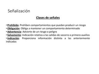 Señalización
Clases de señales
•Prohibido: Prohíben comportamientos que puedan producir un riesgo
•Obligación: Obliga a mantener un comportamiento determinado
•Advertencia: Advierte de un riesgo o peligro
•Salvamento: Indicación relativa a las salidas de socorro o primero auxilios
•Indicación: Proporciona información distinta a las anteriormente
indicadas
 