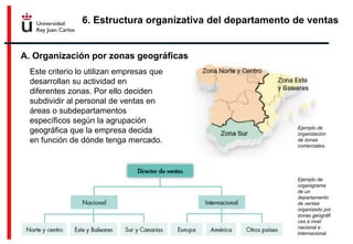 6. Estructura organizativa del departamento de ventas
A. Organización por zonas geográficas
Este criterio lo utilizan empresas que
desarrollan su actividad en
diferentes zonas. Por ello deciden
subdividir al personal de ventas en
áreas o subdepartamentos
específicos según la agrupación
geográfica que la empresa decida
en función de dónde tenga mercado.
Ejemplo de
organigrama
de un
departamento
de ventas
organizado por
zonas geográfi
cas a nivel
nacional e
internacional.
Ejemplo de
organización
de zonas
comerciales.
 