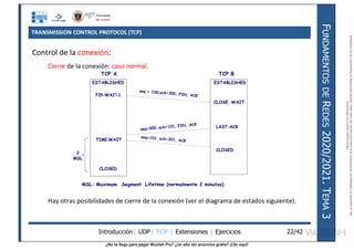 ¿No te llega para pagar Wuolah Pro? ¿Un año sin anuncios gratis? ¡Clic aquí!
TRANSMISSION CONTROL PROTOCOL (TCP)
Introducción| UDP| TCP | Extensiones | Ejercicios
F
UNDAMENTOS
DE
R
EDES
2020/2021.
T
EMA
3
22/42
Control de la conexión:
Cierre de la conexión: caso normal.
Hay otras posibilidades de cierre de la conexión (ver el diagrama de estados siguiente).
TCP A TCP B
ESTABLISHED
FIN
-
WAIT
-
1
ESTABLISHED
CLOSE -
WAIT
LAST-
ACK
TIME
-
WAIT
CLOSED
CLOSED
2
MSL
MSL: Maximum Segment Lifetime (normalmente 2 minutos)
Reservados
todos
los
derechos.
No
se
permite
la
explotación
económica
ni
la
transformación
de
esta
obra.
Queda
permitida
la
impresión
en
su
totalidad.
a64b0469ff35958ef4ab887a898bd50bdfbbe91a-7121213
 