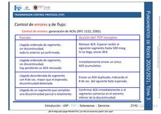 ¿No te llega para pagar Wuolah Pro? ¿Un año sin anuncios gratis? ¡Clic aquí!
TRANSMISSION CONTROL PROTOCOL (TCP)
Introducción| UDP| TCP | Extensiones | Ejercicios
F
UNDAMENTOS
DE
R
EDES
2020/2021.
T
EMA
3
27/42
Control de errores y de flujo:
Control de errores: generación de ACKs (RFC 1122, 2581).
Evento
Llegada ordenada de segmento,
sin discontinuidad,
todo lo anterior ya confirmado.
Llegada ordenada de segmento,
sin discontinuidad,
hay pendiente un ACK retrasado.
Llegada desordenada de segmento
con # de sec. mayor que el esperado,
discontinuidad detectada.
Llegada de un segmento que completa
una discontinuidad parcial o totalmente.
Acción del TCP receptor
Retrasar ACK. Esperar recibir al
siguiente segmento hasta 500 mseg.
Si no llega, enviar ACK.
Inmediatamente enviar un único
ACK acumulativo.
Enviar un ACK duplicado, indicando el
# de sec. del siguiente byte esperado.
Confirmar ACK inmediatamente si el
segmento comienza en el extremo
inferior de la discontinuidad.
Reservados
todos
los
derechos.
No
se
permite
la
explotación
económica
ni
la
transformación
de
esta
obra.
Queda
permitida
la
impresión
en
su
totalidad.
a64b0469ff35958ef4ab887a898bd50bdfbbe91a-7121213
 