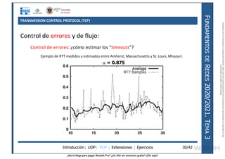 ¿No te llega para pagar Wuolah Pro? ¿Un año sin anuncios gratis? ¡Clic aquí!
TRANSMISSION CONTROL PROTOCOL (TCP)
Introducción| UDP| TCP | Extensiones | Ejercicios
F
UNDAMENTOS
DE
R
EDES
2020/2021.
T
EMA
3
30/42
Control de errores y de flujo:
Control de errores: ¿cómo estimar los “timeouts”?
Ejemplo de RTT medidos y estimados entre Amherst, Massachusetts y St. Louis, Missouri.
 = 0.875
Reservados
todos
los
derechos.
No
se
permite
la
explotación
económica
ni
la
transformación
de
esta
obra.
Queda
permitida
la
impresión
en
su
totalidad.
a64b0469ff35958ef4ab887a898bd50bdfbbe91a-7121213
 