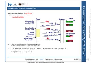 ¿No te llega para pagar Wuolah Pro? ¿Un año sin anuncios gratis? ¡Clic aquí!
TRANSMISSION CONTROL PROTOCOL (TCP)
Introducción| UDP| TCP | Extensiones | Ejercicios
F
UNDAMENTOS
DE
R
EDES
2020/2021.
T
EMA
3
32/42
Control de errores y de flujo:
Control de flujo:
• ¿Alguna debilidad en el control de flujo?
• ¿Y si se pierde el anuncio de WIN = 2018?  !Bloqueo! ¿Cómo evitarlo? 
Temporizador de persistencia
Emisor Receptor
Emisor
Bloqueado
Buffer
La aplicación
escribe 2 KB
La aplicación
escribe 3 KB
El emisor
puede enviar
hasta 2 KB
Vacío
Lleno
2 KB
2 KB
0 4K
La aplicación
lee 2 KB
3 KB
Reservados
todos
los
derechos.
No
se
permite
la
explotación
económica
ni
la
transformación
de
esta
obra.
Queda
permitida
la
impresión
en
su
totalidad.
a64b0469ff35958ef4ab887a898bd50bdfbbe91a-7121213
 