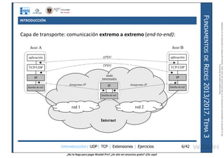 ¿No te llega para pagar Wuolah Pro? ¿Un año sin anuncios gratis? ¡Clic aquí!
INTRODUCCIÓN
Introducción| UDP| TCP | Extensiones | Ejercicios
F
UNDAMENTOS
DE
R
EDES
2013/2017.
T
EMA
3
6/42
Capa de transporte: comunicación extremo a extremo (end-to-end):
red 1 red 2
IP
Interfaz de red
datagrama IP datagrama IP
Internet
aplicación
TCP/UDP
IP
Interfaz de red
host A
aplicación
TCP/UDP
IP
Interfaz de red
host B
TPDU
APDU
nodo
intermedio
Reservados
todos
los
derechos.
No
se
permite
la
explotación
económica
ni
la
transformación
de
esta
obra.
Queda
permitida
la
impresión
en
su
totalidad.
a64b0469ff35958ef4ab887a898bd50bdfbbe91a-7121213
 
