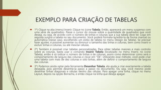 EXEMPLO PARA CRIAÇÃO DE TABELAS
 1º) Clique na aba (menu) Inserir. Clique no ícone Tabela. Então, aparecerá um menu suspenso com
uma série de quadrados- Passe o cursor do mouse sobre a quantidade de quadrados que você
deseja, ou seja, de acordo com o número de linhas e colunas que a sua tabela deve ter. Logo em
seguida surgirá a tabela no seu documento. Você poderá formata-la/editá-la de forma manual ou
automática (nesse caso, escolhendo um estilo de tabela no menu Design da Tabela). Se precisar
fazer ajustes, é possível aumentar ou diminuir o tamanho das linhas e colunas, bem como inserir e
excluir linhas e colunas, ou até mesclar células.
 2º) Também é possível criar tabelas personalizadas. Para obter tabelas maiores e mais controlo
sobre as colunas, basta usar o comando Inserir Tabela (localizado no menu Inserir, no ícone
Tabela), então é só indicar o número de linhas e de colunas, assim como determinar como será o
comportamento de largura das colunas e clicar em “Ok”. Utilizando esse método, você pode criar
uma tabela com mais de dez colunas e oito linhas, além de definir o comportamento de largura
das colunas.
 3º) Podemos ainda optar pela ferramenta Desenhar Tabela, ela ajuda a criar exactamente a tabela
desejada, pois permite desenhá-la passo a passo no documento. Ou seja, você mesmo pode
desenhar linhas diagonais e células dentro das células. Para apagar uma linha, clique no menu
Layout, depois na opção Borracha, e então clique na linha que deseja apagar.
 