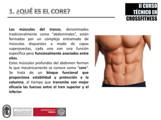 Los músculos del tronco, denominados
tradicionalmente como “abdominales”, están
formados por un complejo entramado de
músculos dispuestos a modo de capas
superpuestas, cada uno con una función
específica pero funcionalmente asociadas entre
ellos.
Estos músculos profundos del abdomen forman
lo que mecánicamente se conoce como “core”.
Se trata de un bloque funcional que
proporciona estabilidad y protección a la
columna, al tiempo que transmite con mejor
eficacia las fuerzas entre el tren superior y el
inferior.
 
