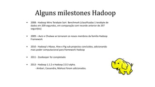 Alguns milestones Hadoop
• 2008 - Hadoop Wins Terabyte Sort Benchmark (classificadas 1 terabyte de
dados em 209 segundos, em comparação com recorde anterior de 297
segundos)
• 2009 – Avro e Chukwa se tornaram os novos membros da família Hadoop
Framework
• 2010 - Hadoop's Hbase, Hive e Pig sub projectos concluídos, adicionando
mais poder computacional para framework Hadoop
• 2011 - ZooKeeper foi completado
• 2013 - Hadoop 1.1.2 e Hadoop 2.0.3 alpha.
- Ambari, Cassandra, Mahout foram adicionados.
 