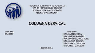 REPUBLICA BOLIVARIANA DE VENEZUELA
IVSS DR HECTOR NOUEL JOUBERT
POSTGRADO DE ANESTESIOLOGIA
ASIGNATURA: ANATOMIA I
COLUMNA CERVICAL
MONITOR: PONENTES:
DR. ORTA DRA. CABEZA, HILDA.
DRA. GARCIA, ROSMERY.
DRA. MARTINEZ, DALIANGEL.
DRA. MUÑOZ, GENESIS.
DRA. RIVERA, CAROLINA.
R1 DE ANESTESIOLOGIA
ENERO, 2024.
 