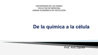 De la química a la célula
Prof. Ana Zapata
UNIVERSIDAD DE LOS ANDES
FACULTAD DE MEDICINA
UNIDAD ACADÉMICA DE HISTOLOGÍA
 