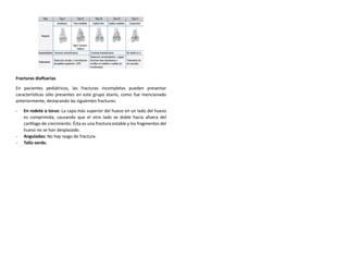 Fracturas diafisarias
En pacientes pediátricos, las fracturas incompletas pueden presentar
características sólo presentes en este grupo etario, como fue mencionado
anteriormente, destacando las siguientes fracturas:
- En rodete o torus: La capa más superior del hueso en un lado del hueso
es comprimida, causando que el otro lado se doble hacia afuera del
cartílago de crecimiento. Ésta es una fractura estable y los fragmentos del
hueso no se han desplazado.
- Anguladas: No hay rasgo de fractura.
- Tallo verde.
 
