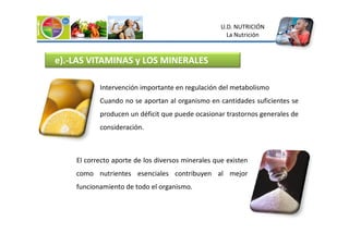 e).-LAS VITAMINAS y LOS MINERALES
Intervención importante en regulación del metabolismo
Cuando no se aportan al organismo en cantidades suficientes se
producen un déficit que puede ocasionar trastornos generales de
consideración.
U.D. NUTRICIÓN
La Nutrición
consideración.
El correcto aporte de los diversos minerales que existen
como nutrientes esenciales contribuyen al mejor
funcionamiento de todo el organismo.
 