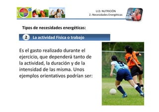 Tipos de necesidades energéticas:
Es el gasto realizado durante el
ejercicio, que dependerá tanto de
La actividad Física o trabajo
2
U.D. NUTRICIÓN
2.-Necesidades Energéticas
ejercicio, que dependerá tanto de
la actividad, la duración y de la
intensidad de las misma. Unos
ejemplos orientativos podrían ser:
 