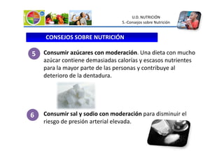Consumir azúcares con moderación. Una dieta con mucho
azúcar contiene demasiadas calorías y escasos nutrientes
para la mayor parte de las personas y contribuye al
deterioro de la dentadura.
CONSEJOS SOBRE NUTRICIÓN
5
U.D. NUTRICIÓN
5.-Consejos sobre Nutrición
deterioro de la dentadura.
Consumir sal y sodio con moderación para disminuir el
riesgo de presión arterial elevada.
6
 