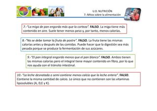U.D. NUTRICIÓN
7.-Mitos sobre la alimentación
7.-“La miga de pan engorda más que la corteza”. FALSO. La miga tiene más
contenido en aire. Suele tener menos peso y, por tanto, menos calorías.
8.-“No se debe tomar la fruta de postre". FALSO. La fruta tiene las mismas
calorías antes y después de las comidas. Puede hacer que la digestión sea más
pesada porque se produce la fermentación de sus azúcares.
9.-“El pan integral engorda menos que el pan blanco”. FALSO. Ambos tienen
9.-“El pan integral engorda menos que el pan blanco”. FALSO. Ambos tienen
las mismas calorías pero el integral tiene mayor contenido en fibra, por lo que
nos ayuda con el tránsito intestinal.
10.-“La leche desnatada o semi contiene menos calcio que la leche entera”. FALSO.
Contiene la misma cantidad de calcio. Lo único que no contienen son las vitaminas
liposolubles (A, D,E y K).
 