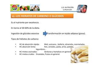 a).-LOS HIDRATOS DE CARBONO O GLÚCIDOS
Es el nutriente por excelencia.
En torno al 50-60% de la dieta.
Ingestión de glúcidos excesiva Transformación en tejido adiposo (grasa).
U.D. NUTRICIÓN
La Nutrición
Ingestión de glúcidos excesiva Transformación en tejido adiposo (grasa).
Tipos de hidratos de carbono:
• HC de absorción rápida: Miel, azúcares , bollería, almendra, mermeladas.
• HC absorción lenta: Pan, cereales, pasta, arroz, patatas,
legumbres…
• HC mixtos cocinados: Verduras y hortalizas en general
• HC mixtos crudos: Ensaladas, frutas en general.
 