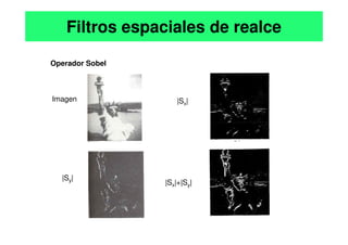 Operador Sobel
Imagen
Filtros espaciales de realce
|Sx|
|Sx|+|Sy|
|Sy|
 