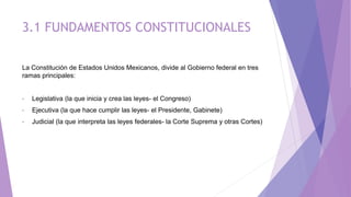 3.1 FUNDAMENTOS CONSTITUCIONALES
La Constitución de Estados Unidos Mexicanos, divide al Gobierno federal en tres
ramas principales:
• Legislativa (la que inicia y crea las leyes- el Congreso)
• Ejecutiva (la que hace cumplir las leyes- el Presidente, Gabinete)
• Judicial (la que interpreta las leyes federales- la Corte Suprema y otras Cortes)
 