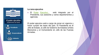 La rama ejecutiva
 El Poder Ejecutivo está integrado por el
Presidente, sus asesores y varios departamentos y
agencias.
El poder ejecutivo está a cargo de poner en vigencia y
hacer cumplir las leyes del país. El Presidente es el
Jefe de Estado, el Jefe de Gobierno de Estados Unidos
Mexicanos y el Comandante en Jefe de las Fuerzas
Armadas.
 