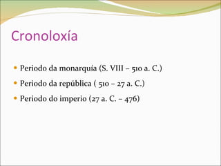 Cronoloxía Periodo da monarquía (S. VIII – 510 a. C.) Periodo da república ( 510 – 27 a. C.) Periodo do imperio (27 a. C. – 476) 