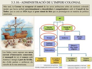 3.3.10.- ADMINISTRACIÓ DE L’IMPERI COLONIAL
Més tard, la Corona va recuperar el control de les seves atribucions sobre els territoris colonials
(poder que havia atribuït provisionalment a descobridors i conquistadors) amb el Consell de les
Índies, que es creà en 1524 degut al gran cúmul de lleis que es promulgaven en matèria de política
americana.




Les Índies varen suposar una nova
corrent d’intercanvis comercials;
el monopoli de tot el comerç amb
Amèrica s’atorgà al port de Sevilla,
des d’allà partien o arribaven els
vaixells de la ruta americana.
 