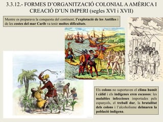 3.3.12.- FORMES D’ORGANITZACIÓ COLONIAL A AMÈRICA I
           CREACIÓ D’UN IMPERI (segles XVI i XVII)
Mentre es preparava la conquesta del continent, l’explotació de les Antilles i
de les costes del mar Carib va tenir moltes dificultats.




                                                              Els colons no suportaven el clima humit
                                                              i càlid i els indígenes eren escassos: les
                                                              malalties infeccioses importades pels
                                                              espanyols, el treball dur, la brutalitat
                                                              dels colons i l’alcoholisme delmaren la
                                                              població indígena.
 