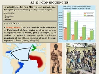3.3.13.- CONSEQÜÈNCIES
La colonització del Nou Món va tenir conseqüències
demogràfiques desastroses per a la població indígena.
A.- A AMÈRICA:

 Demogràfiques
 Socials
 Culturals


A.- A AMÈRICA:
 Demogràfiques: Gran descens de la població indígena
per l’absència de defenses contra els virus que portaven
els espanyols com la verola, grip o xarampió. A les
Antilles, la població indígena quedà pràcticament
aniquilada, el que obligà a impulsar el tràfic d’esclaus
negres des d’Àfrica (comerç triangular).
 