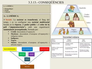 3.3.13.- CONSEQÜÈNCIES
A.- A AMÈRICA:

 Demogràfiques
 Socials
 Culturals


A.- A AMÈRICA:
 Socials: La societat es transformà, al llarg del
temps, i es va configurar una societat multiracial
basada en la riquesa, el poder polític i el color de la
pell ("pigmentocràcia"), amb una organització
summament jerarquitzada, formada per:
          Criolls: descendents d’espanyols.
          Mestissos: descendents d’europeus (d’espanyols) i
           indígenes natius.
          Indígenes.
          Negres.
          Mulats: descendents d’europeus (d’espanyols) i
           africans negres.
 