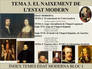 TEMA 3. EL NAIXEMENT DE
    L’ESTAT MODERN
          EDAT MODERNA
          TEMA 3. El naixement de l’estat modern
                   - Els Reis Catòlics (1474/79-1516).
          TEMA 4. Auge i decadència de l’Imperi espanyol
          Segle XVI. Auge de l’imperi hispànic
                   - Carles I i V (1517-56).
                   - Felip II (1556-1598).
          Segle XVII. El declivi de l’imperi hispànic, els Àustries
          menors
                   - Felip III (1598-1621).
                   - Felip IV (1621-65).
                   - Carles II (1665-1700).
          TEMA 5. Espanya del s. XVIII i el reformisme borbònic
                   - Felip V (1700-1746).
                   - Ferran VI (1746-59).
                   - Carles III (1759-88).




ÍNDEX TEMES EDAT MODERNA BLOC I
 